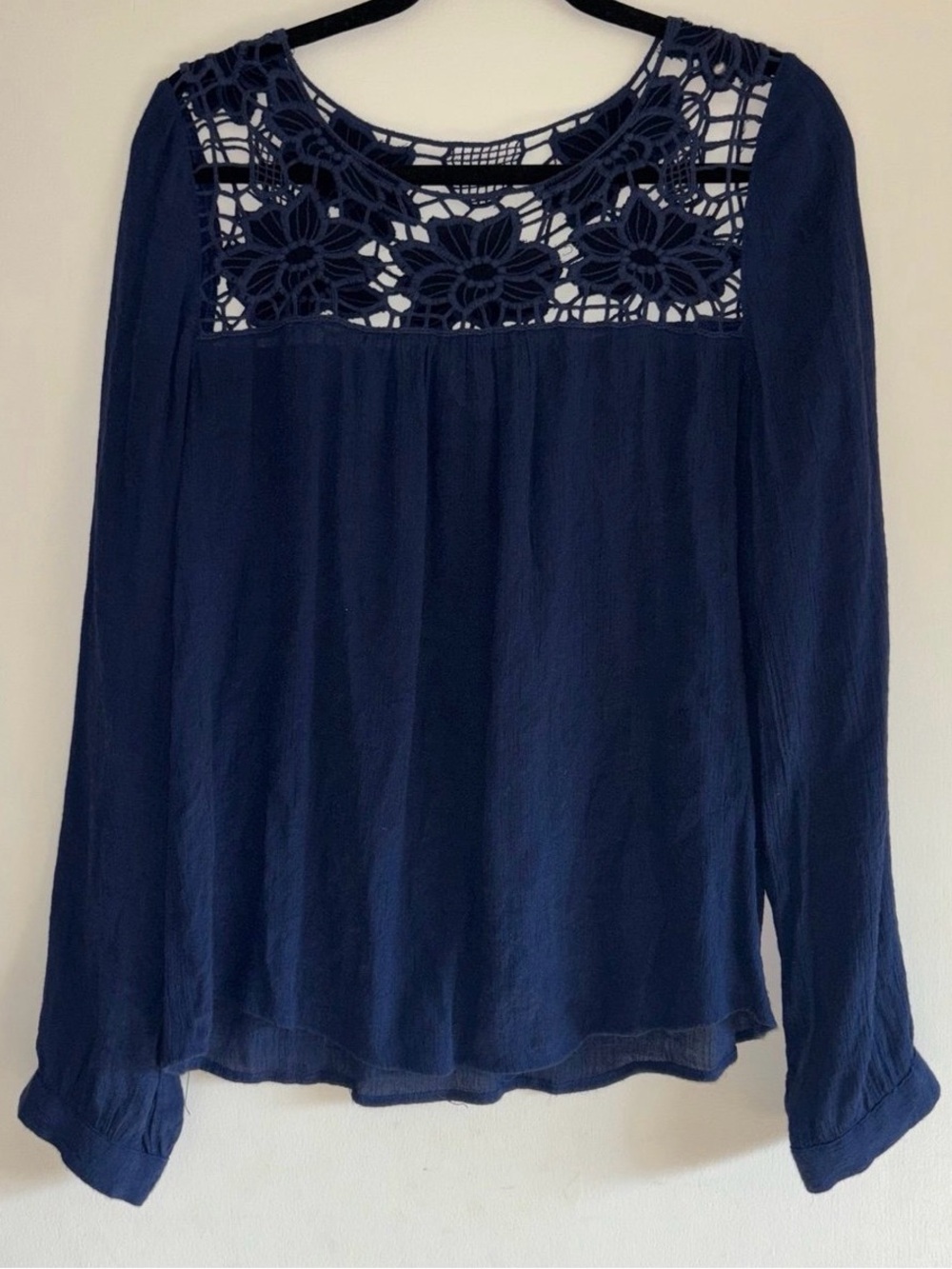 Sweet Wanderer Navy Blue Crochet Lace Boho Blouse size Large